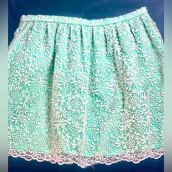 💚 Dreamy Mint Skirt 💚 Sm Pastel Green Mini Skirt with Cream Embroidered Gauze - Picture 1 of 7
